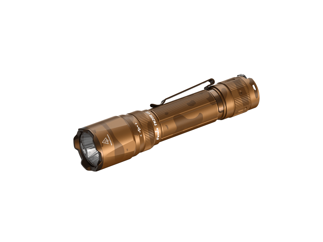 Fenix TK20R UE Flashlight in Desert Camo as viewed from the front