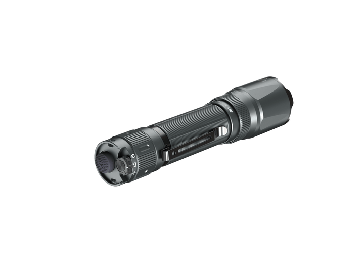 Fenix TK20R UE Flashlight in City Gray as viewed from the back