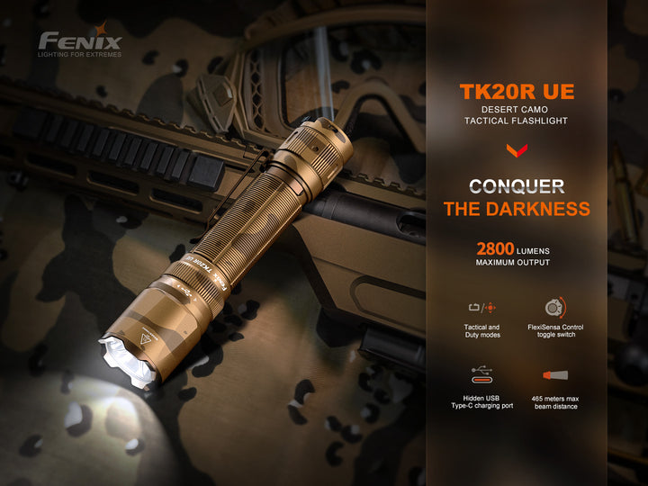 Fenix TK20R UE Flashlight in Desert Camo with weapon