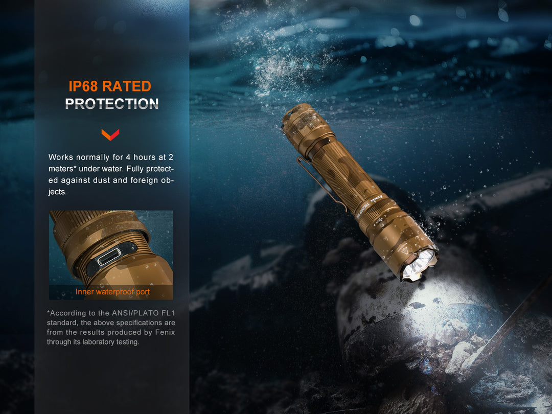 Fenix TK20R UE Flashlight submerged under water showing IP standard waterproofing
