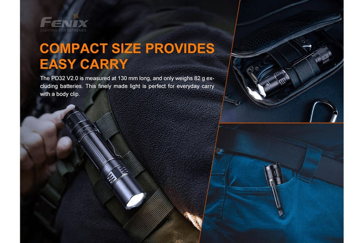 Fenix PD32 V2's pocket clip being used in various ways