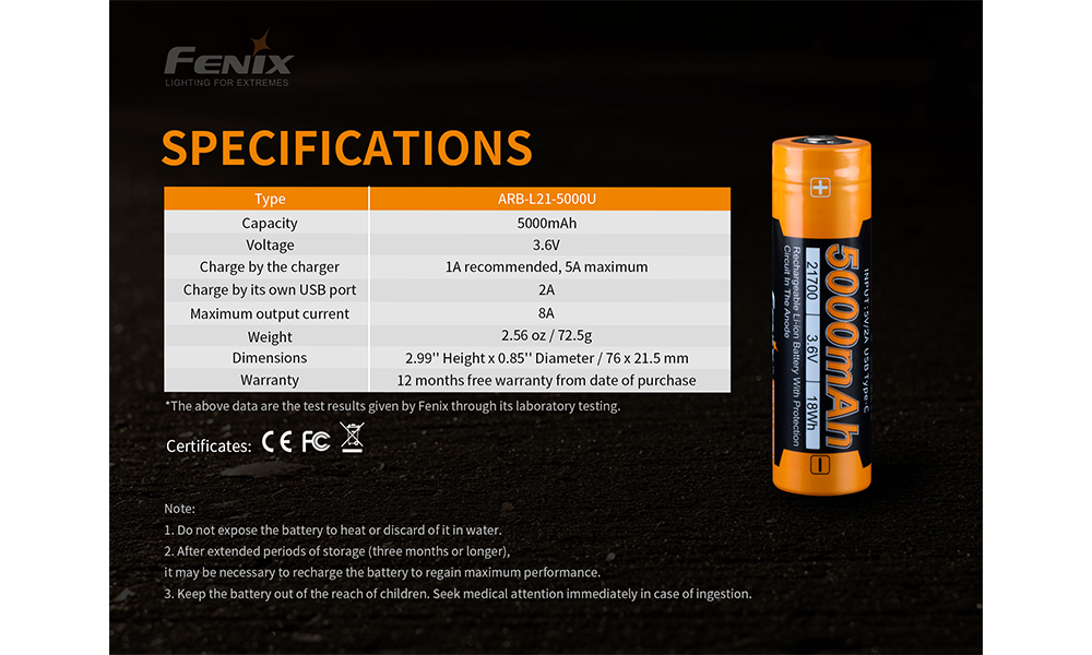 Fenix ARB-L21-5000U battery specifications chart
