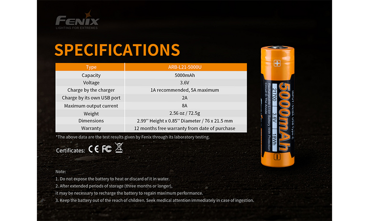 Fenix ARB-L21-5000U battery specifications chart