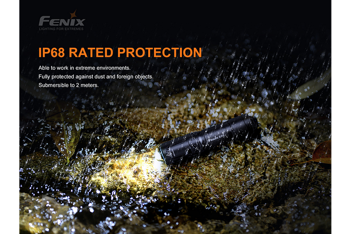 Fenix E01 V2 Flashlight in the rain showing waterproof rating