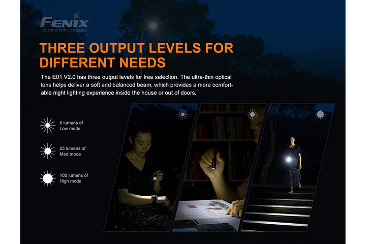The three brightness levels of the Fenix E01 V2 Flashlight 