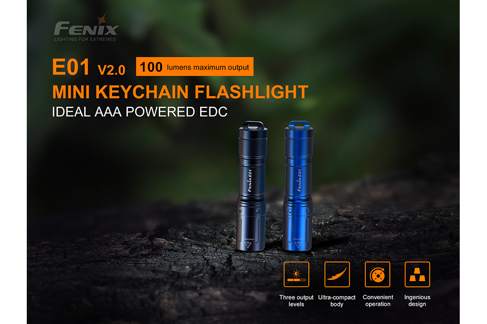 Fenix E01 V2 Flashlight in blue and black on wood in the forest