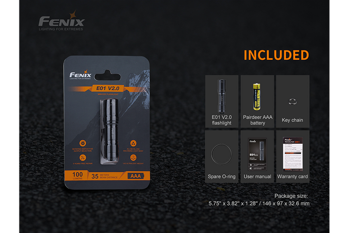 Fenix E01 V2 Flashlight with included accessories