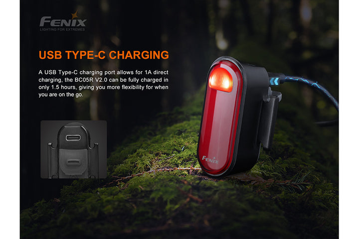 Fenix BC05R V2 Bike Tail light being recharged via USB-C cable