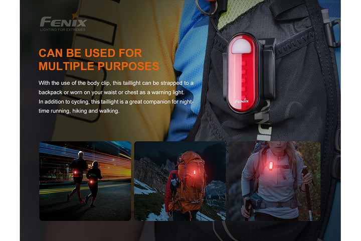 Fenix BC05R V2 Bike Tail light clipped on to a bag for visibility