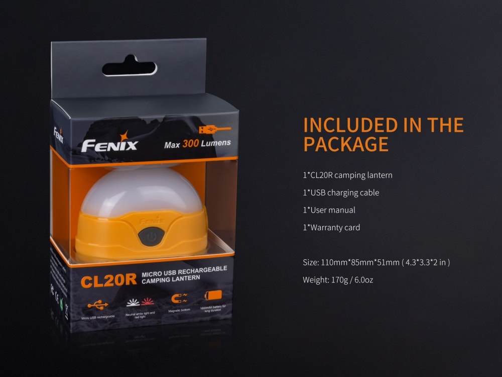 Fenix CL20R Lantern packaging with included accessories