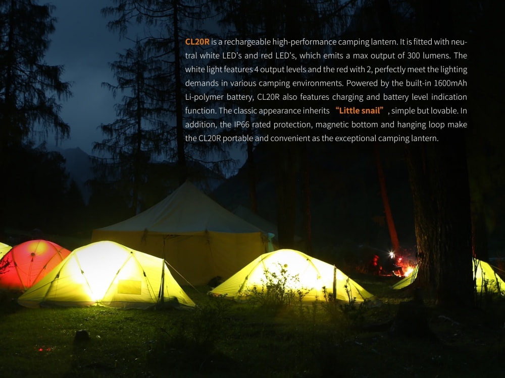 Fenix CL20R Lantern used in tents across a campsite