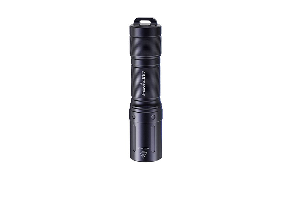 Fenix E01 V2 Flashlight in black as viewed from the top