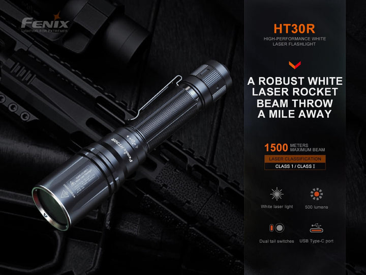 Fenix HT30R Flashlight with weapon showing classifications