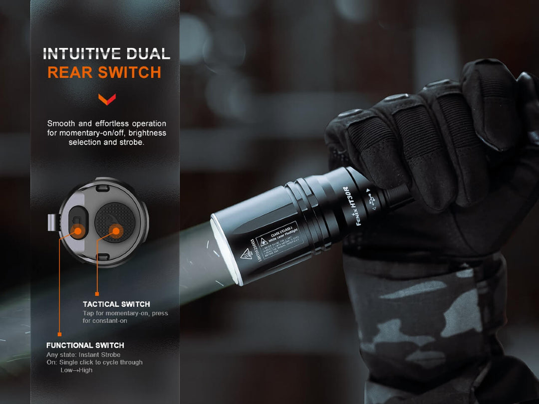 Fenix HT30R Flashlight being held in the hand showing dual tail switch functionality