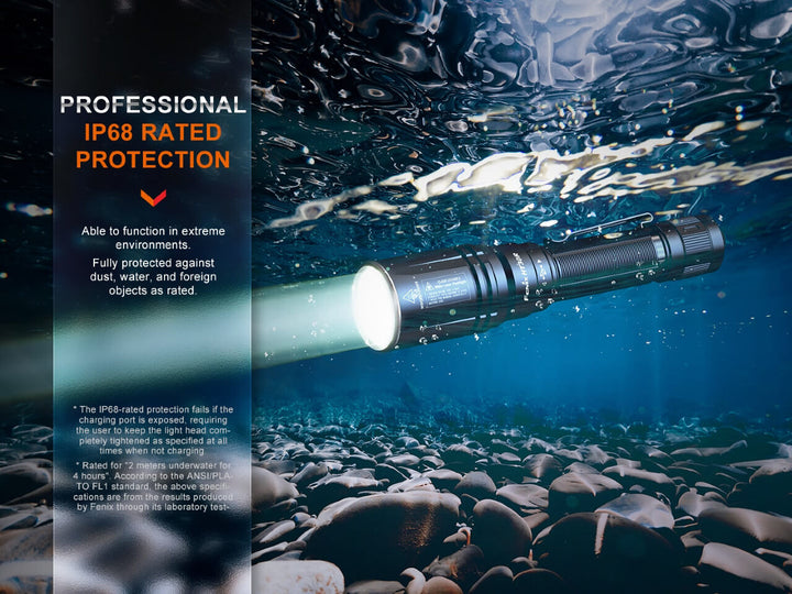 Fenix HT30R Flashlight underwater showing waterproofing to IP68 standard
