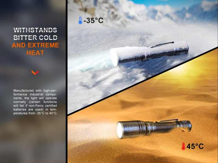 Fenix HT30R Flashlight in the snow and in the desert, showing its temperature resiliance