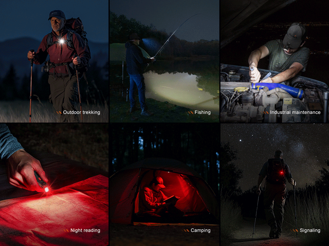 six different pictures showing different flashlight uses