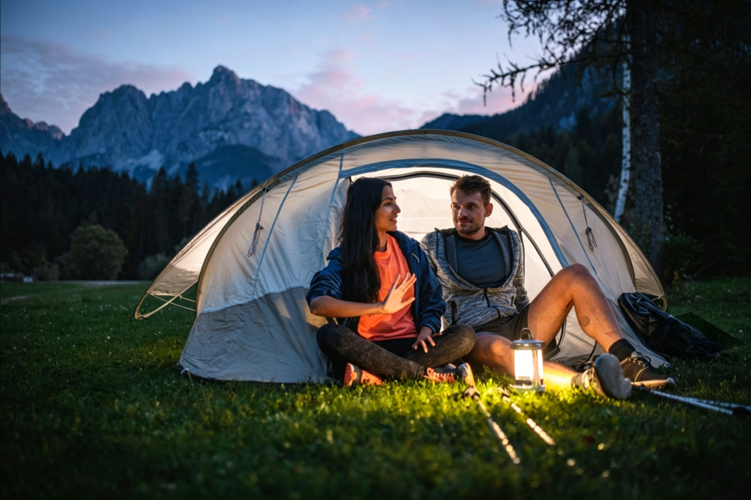 A couple using a Fenix camping lantern on a camp out