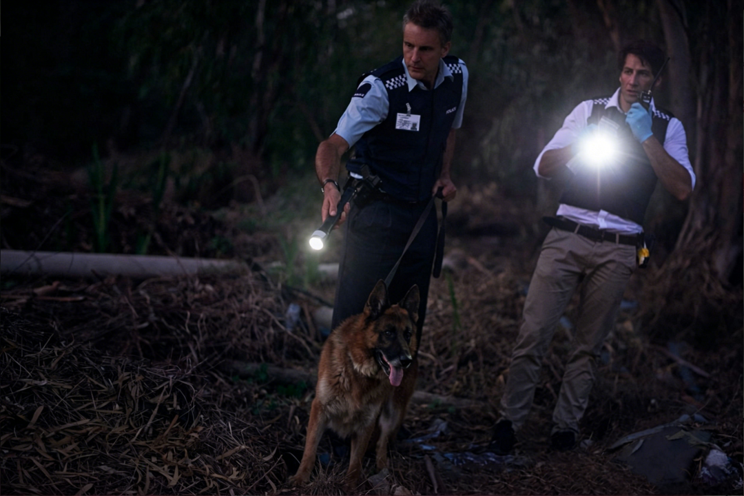Police officers using Fenix flashlights at night with a K9 unit