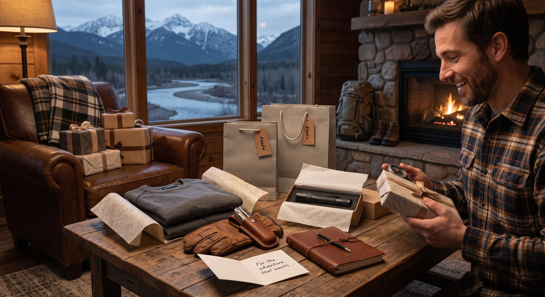 man opening gift at a table in rustic mountain cabin