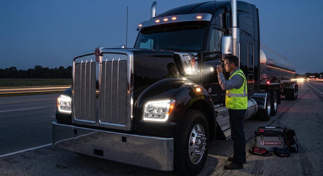 tractor trailer truck driver using flashlight to inspect truck