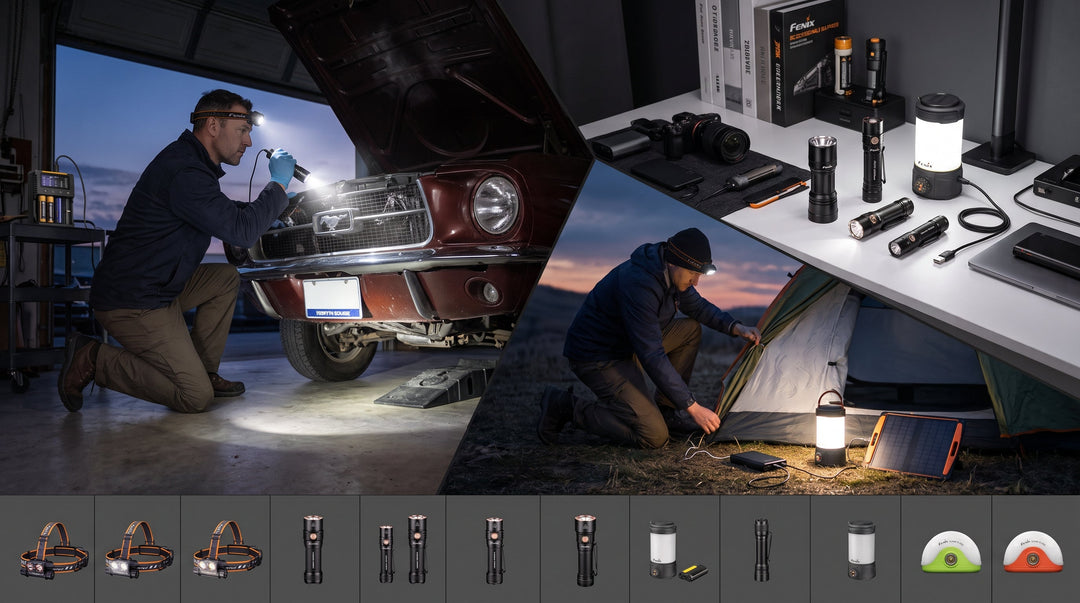 various headlamps and flashlights sitting on desk, used for camping, and used for car repair