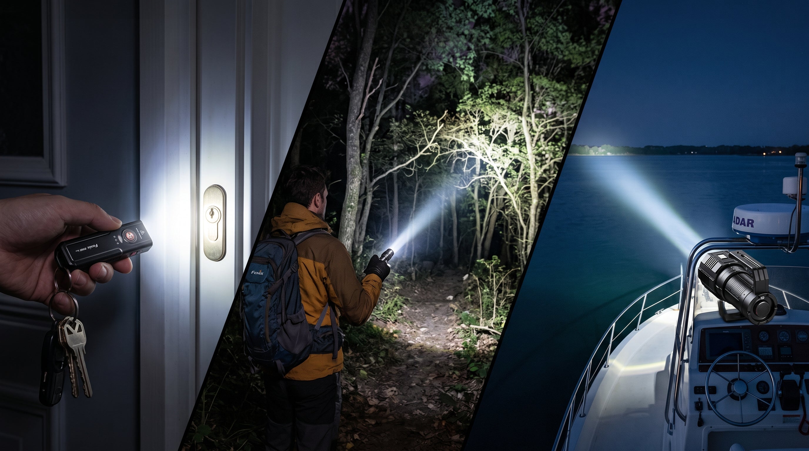 keychain flashlight shining on door, tactical flashlight shining in woods, powerful flashlight on boat