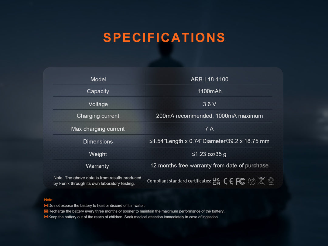 Fenix ARB-L18-1100 Rechargeable 18350 Battery