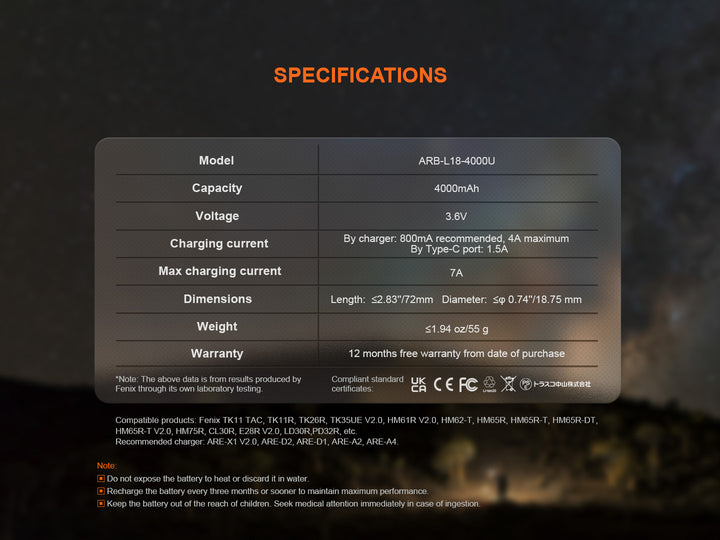 Fenix ARB-L18-4000U High-Capacity USB Rechargeable 18650 Battery - 4000mAh