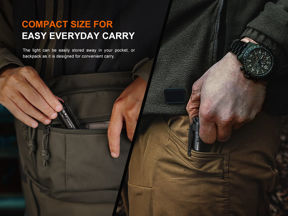 Fenix E12 V3 EDC flashlight put into a pocket