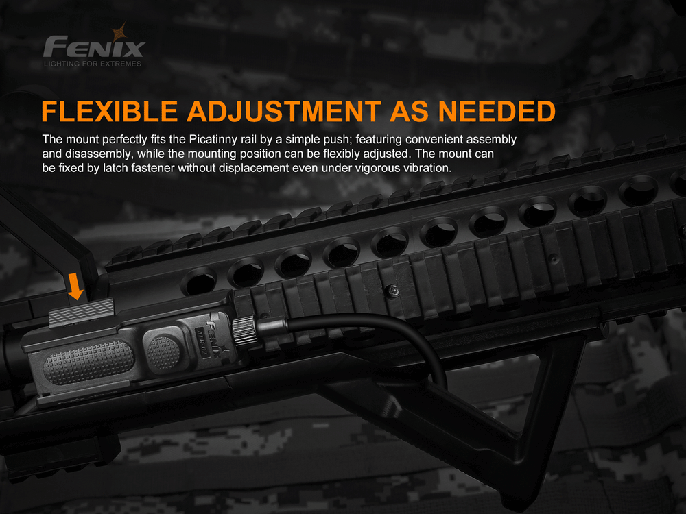 A GIF showing the Fenix AER-02 V2 and ALG-05 Kit slid onto a weapon rail