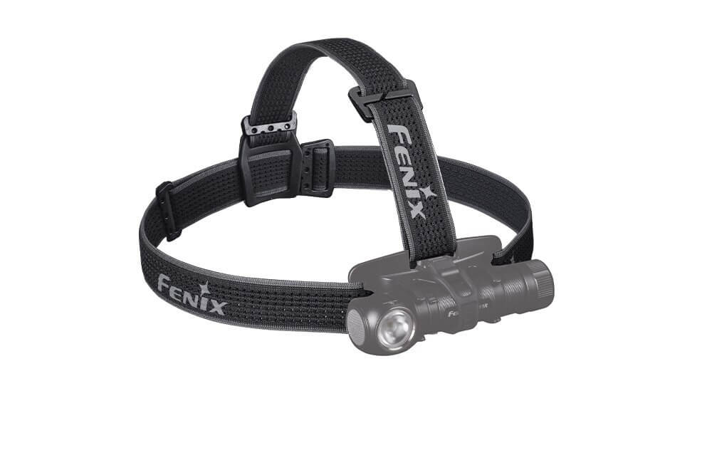 A black Fenix AFH-02 headband designed for use with headlamps, featuring breathable mesh and an adjustable strap.