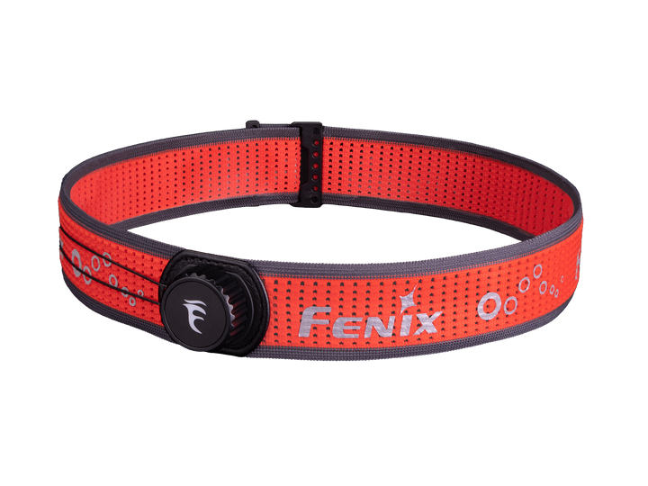 A red and black Fenix AFH-05 Quick-Adjust Headband with the brand name Fenix imprinted on it, featuring a reflective logo and a quick-adjust system.