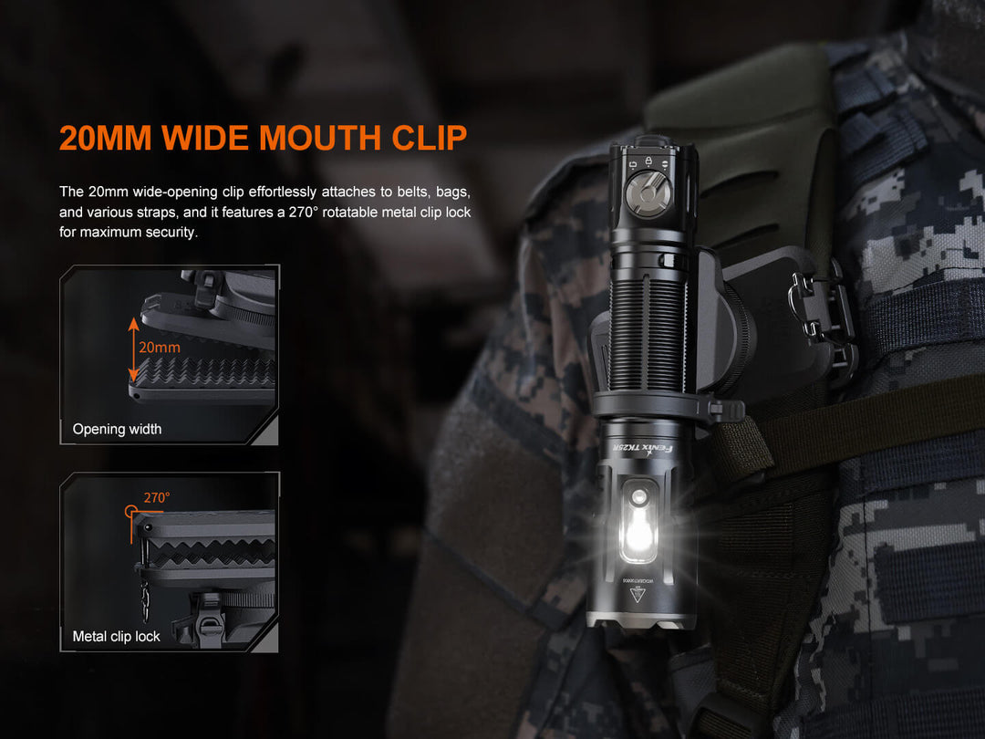 Flashlight inside a Fenix ALC-01 rotating holster attached to a tactical vest with text about the 20mm wide-mouth clip.