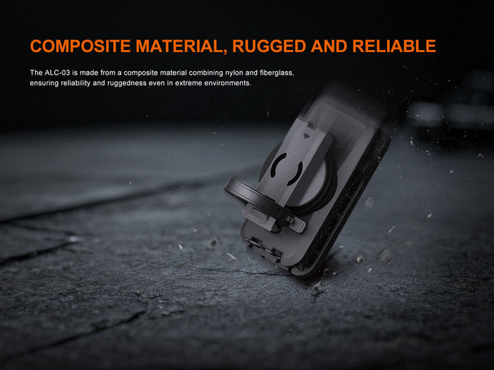 Fenix ALC-01 rotating holster with composite material on a dark surface, highlighting durability.