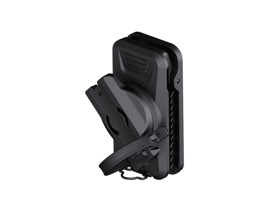 Black and gray Fenix ALC-01 rotating holster with a strap on a black background