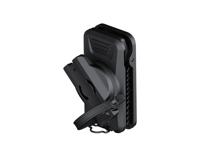 Black and gray Fenix ALC-01 rotating holster with a strap on a black background