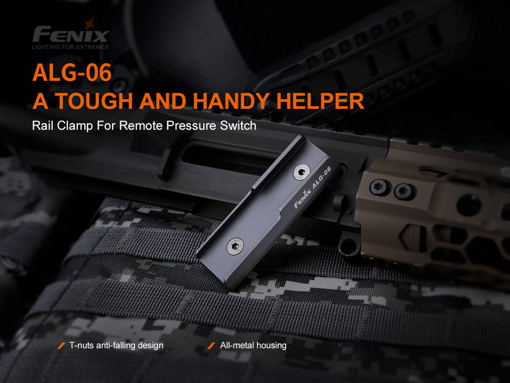 Fenix ALG-06 Remote M-Lok Rail Mount resting on a fabric bag with a weapon rail system