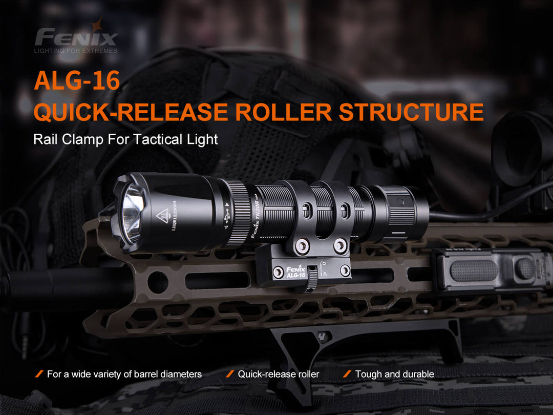 Fenix ALG-16 M-Lok Rail Mount used on a weapon with text explaining its quick-release design