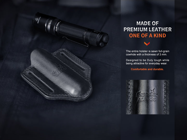 Fenix ALP-20 Flashlight Holster on fabric surface with a flashlight