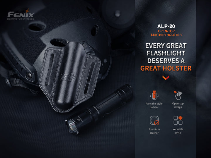 Fenix ALP-20 Flashlight Holster on black surface next to a flashlight and military gear