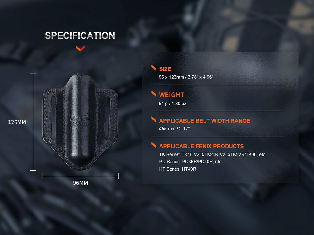 Text and graphics showing the specifications of the Fenix ALP-20 Flashlight Holster 