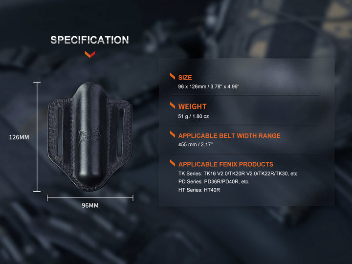 Text and graphics showing the specifications of the Fenix ALP-20 Flashlight Holster 