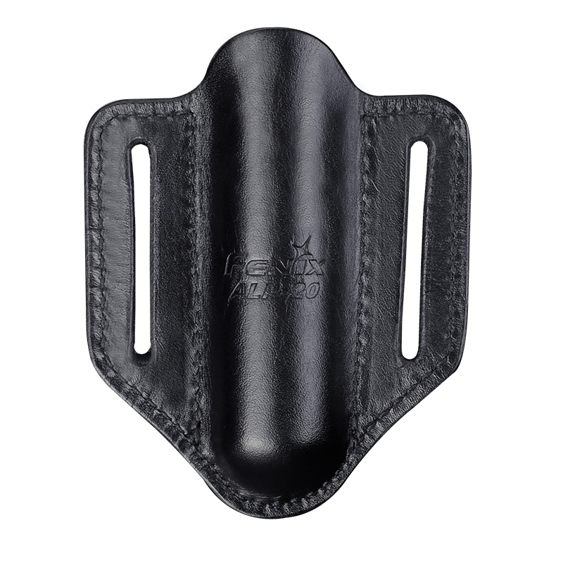 The Fenix ALP-20 Flashlight Holster leather flashlight duty holster with the Fenix brand logo embossed on it.