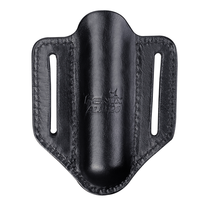 The Fenix ALP-20 Flashlight Holster leather flashlight duty holster with the Fenix brand logo embossed on it.