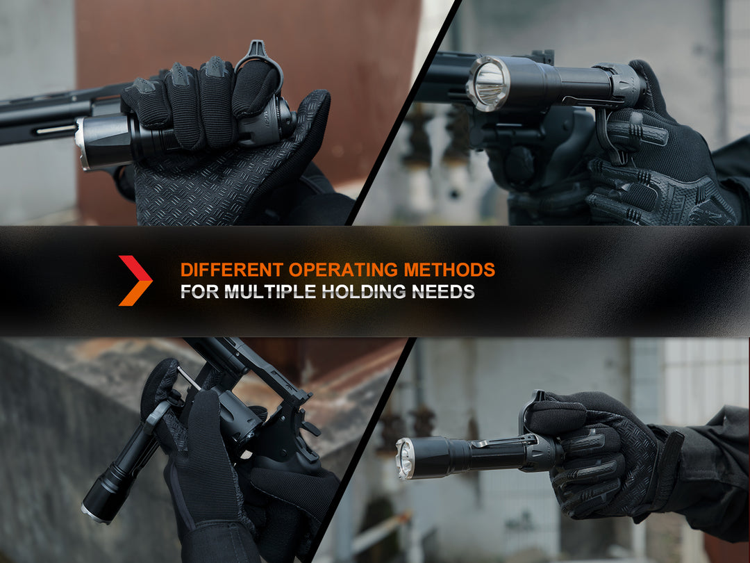 Several photos showing how you can use the Fenix ALR-01 Tactical Flashlight Ring 