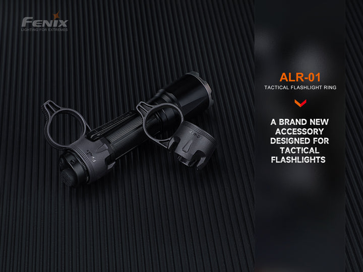 Fenix ALR-01 Tactical Flashlight Ring on carbon fiber surface with a flashlight