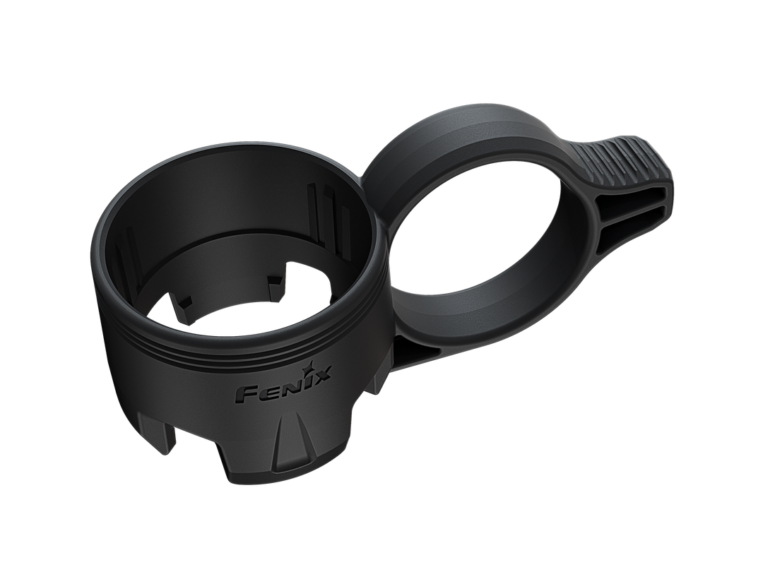 A black Fenix ALR-01 Tactical Flashlight Ring designed to fit between the body and tail cap of a tactical light to provide additional grip options.