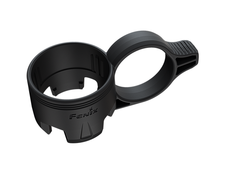 A black Fenix ALR-01 Tactical Flashlight Ring designed to fit between the body and tail cap of a tactical light to provide additional grip options.