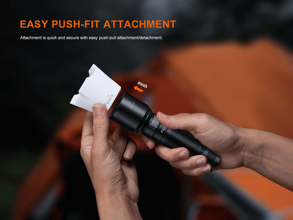 A GIF showing the Fenix AOD-04 Silicone Diffuser being attached and detached to a flashlight